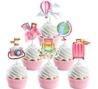 Kreatwow Decorazioni per cupcake per feste di viaggio, 24 pezzi, rosa, con scritta "Let the Adventure Begin", a tema viaggio, per feste di compleanno, viaggi in tutto il mondo, decorazioni per cupcake