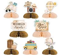 Kreatwow Decorazioni per feste a tema viaggio, 8 pezzi, centrotavola a nido d'ape Bon Voyage Party Decor Adventure Awaits Table Toppers Centrotavola Decorazione per feste di viaggio Mappa del mondo
