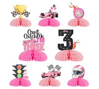 Kreatwow Decorazioni per feste di 3° compleanno con auto da corsa rosa 8 pezzi auto da corsa 3° compleanno centrotavola a nido d'ape Can't Catch Me I'm Three Decorazione da tavolo Let's Go Racing