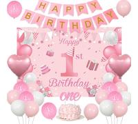 Kreatwow Decorazioni rosa Happy First Birthday per ragazze Happy 1st Birthday Sfondo Banner Neonato Ragazze Decorazione per il primo compleanno Banner Buon Compleanno Topper Cuore Palloncino