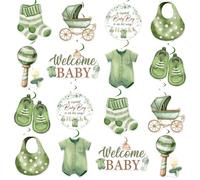 Kreatwow Greenery Clothes - Decorazione per baby shower, 24 pezzi, motivo: "A Sweet Baby Boy Is On The Way", da appendere, motivo vegetale, per baby shower, foglie di eucalipto verde, body da