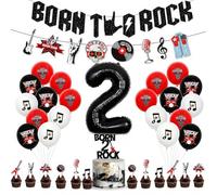 Kreatwow Set di decorazioni per il 2° compleanno con striscione "Born 2 Rock", ghirlanda, palloncini, decorazioni per torte, set per feste a tema musicale rosso e nero, per ragazzi e ragazze, ideale