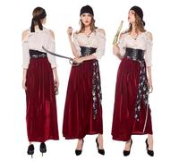Kreeqe Costume classico da pirata da donna, misto cotone, diversi stili, last minute, Halloween, cosplay, feste (femmina-rosso, L)