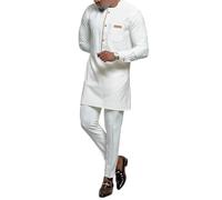 Kreeqe Elegante abbigliamento africano etnico mediorientale per il tempo libero slim fit camicia pantaloni set da uomo comodo per tutti (bianco, L)