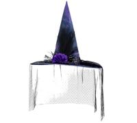 Kreeqe Elegante cappello da strega barocco gotico con squisita rete di fiori artificiali, lilla, da donna, adulto, festival di Halloween, stile regina (Lila, M)