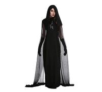 Kreeqe Splendido abito di Halloween nero, semplice costume da ultimo minuto, sposa fantasma gotico, vampiro, misterioso mantello di cigno, gioco di ruolo (320, L)