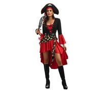 Kreeqe Splendido set di costumi da pirata: abito, cappello, cintura, vestito per feste di Halloween per adulti, donna, ultimo minuto, cosplay dalla cultura pop (nero-rosso, taglia L)