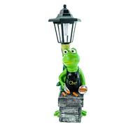 Kremers Schatzkiste Frosch Grillmeister - Lanterna solare a LED, 42 x 14 cm, in poliresina dipinta a mano, con lanterna solare a LED e sensore crepuscolare, resistente alle intemperie e ai raggi UV
