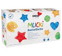 KREUL 24160 - Vernice Artigianale Mucki, 6 x 80 ml in Bianco, Giallo, Rosso, Blu, Verde e Nero, Vernice per Bambini a Base d'Acqua, Senza parabeni, Senza glutine, Senza lattosio, Vegan, Lavabile