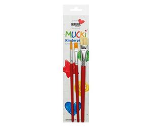 KREUL 553031 - Set di pennelli per bambini Mucki, 3 pezzi con pennello in setola, pennello sintetico e pennello piatto, elastico e resistente, per l'asilo, la scuola e il tempo libero