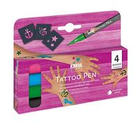 Kreul 62171 - Set di penne per tatuaggi, 4 penne e 3 stencil, inchiostro cosmetico a base d'acqua, dura fino a 5 giorni, dermatologicamente testato, vegan, senza parabeni