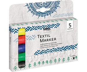 KREUL 90710 - Textile Marker medium, 5 matite colorate per tessuti chiari, con punta grande in fibra insensibile, larghezza del tratto da 2 a 4 mm circa, resistenti al lavaggio dopo il fissaggio