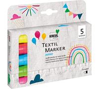 Kreul 90719 - Set di pennarelli per tessuti Junior, medio, 5 pezzi, larghezza del tratto da 2 a 4 mm, matite colorate brillanti per tessuti leggeri, il colore neon si illumina sotto la luce nera