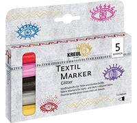 Kreul 92651 - Set di pennarelli tessili glitter, medio, 5 pezzi, larghezza del tratto da 2 a 4 mm, pennarelli per tessuti a base d'acqua, semiopachi, con effetto glitterato