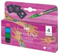 Kreul 62171 - Set di penne per tatuaggi, 4 penne e 3 stencil, inchiostro cosmetico a base d'acqua, dura fino a 5 giorni, dermatologicamente testato, vegan, senza parabeni