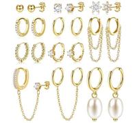 KRFY 11 Paia Orecchini per Donna Cerchio Huggie in Argento e Oro - Doppio Piercing Leggeri Dainty a Catena e Bottone - Set Ipoallergenico