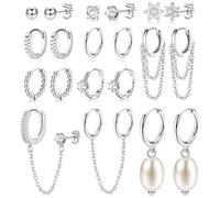 KRFY 11 Paia Orecchini per Donna Cerchio Huggie in Argento e Oro - Set di Orecchini a Catena a Doppio Piercing Leggeri Dainty Ipoallergenici