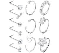 KRFY 20G Piercing Naso Anello in Acciaio Inossidabile CZ Stella Rotonda Naso Borchia l Forma Fiore Aperto Naso Anello Cerchio 8mm, Argento Narice Cartilagine Daith Nostril Naso Piercing Set
