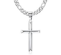 KRFY Colgante Cruz Plata de ley 925 con Cadena Figaro Corte Diamante Acero Inoxidable Collar con Colgante de Cruz de Borde Biselado Altamente Pulido Delicado Para Hombres Mujeres 76CM