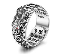 KRFY Feng Shui Pixiu Mantra Anello per Uomo S990 Anello Feng Shui in Argento Protezione Amuleto Fortunato Ricchezza Salute Buddista Vintage Regolabile Anillo Pixiu Anello per Donna Uomo