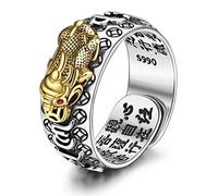 KRFY Feng Shui Pixiu Mantra Anello per Uomo S990 Anello Feng Shui in Argento Protezione Amuleto Fortunato Ricchezza Salute Buddista Vintage Regolabile Anillo Pixiu Anello per Donna Uomo