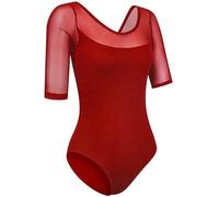 KRIECK Top da Danza Abbigliamento Body da Danza Classica for Adulti for Donne, in Rete, in Cotone e Spandex, for Ragazze, Neri, Body da Ginnastica con Maniche a 3/4, Body da Danza Classica(Red,L)