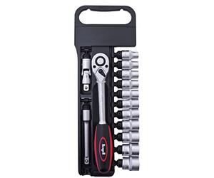 Krino 64300020 Bussole, Cricchetto ed Accessori 1/2, Set da 14 Pezzi, Acciaio