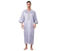 KRIPINC Caftano Uomo a Strisce Argentate, Abaya Uomo Ricamata, Kaftan Marocchino, Jalaba Marocchino Uomo, Vestito Musulmano Uomo, Vestito Arabo Uomo, Abito di Preghiera Musulmano Islamico Arabo (2XL)