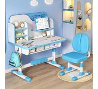 Kripyery Set di scrivania e sedia per bambini, regolabile, per scuola, scrittura, compiti, studio, scrivania ergonomica con grande lavagna, libreria e cassetto, blu