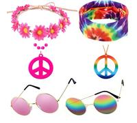 KRISFD Set Di Accessori Hippie For Women, 6 Pezzi Cerchietto Con Fiori E Collana Con Segno Di Pace, Fascia Per Hippie Set Partyrainbow Sunglasses, Per Festival Musicali, Carnevali