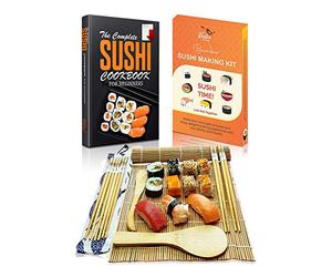 Krista's Kitchen Kit Sushi - Set Sushi Maker Completo in Bambù - 2 Tappetini, 5 Paia di Bacchette con Borsa, Paletta, Spatola Naturali qualità Premium con eBook