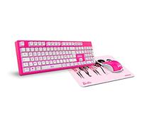 KROM BARBIE KANDY - Tastiera a membrana LED bianca, mouse sensore ottico 6400 DPI, tappetino per mouse in gomma morbida e resistente, layout francese, colore rosa