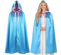 Kronabelle 2 mantelli reversibili con cappuccio, mantello da 100 cm, mantello per cosplay, in poliestere bicolore, da donna, costume da principessa delle fate, blu e rosa, con nastro