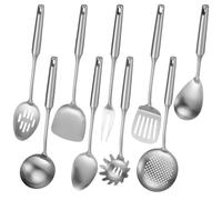 Kronabelle Set di 9 utensili da cucina in acciaio inox con manico lungo, foro per appenderlo, include schiumarola, mestolo, spatola, cucchiaio scanalato, paletta per pasta, forchetta per carne