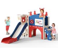 Krovtoy Scivolo per bambini a tema alce di Natale, indipendente con set da golf, Attrezzatura per parco giochi con scivolo per bambini, per uso interno (Blu e rosso- 6 in 1)