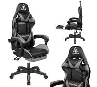 Krüger&Matz Poltrona da gioco modello GX-150 KM0790-G Poltrona con poggiapiedi retrattile, supporto lombare regolabile, morbida ecopelle, ruote in gomma, colore nero e grigio