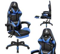 Krüger&Matz Sedia da gioco modello GX-150 KM0790-BL Poltrona con poggiapiedi estraibile, supporto lombare regolabile, morbida ecopelle ruote in gomma, colore nero e blu
