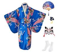 KRUIHAN Kimono Bambina Abito Giapponese Vestaglie di Raso per Bambini,Yukata per Feste e Spettacoli,Cosplay Anime con Ventaglio Pieghevole,Calze Tabi,Maschera e Spilla per Capelli,Blu Reale,140