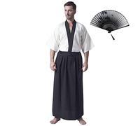 KRUIHAN Kimono Uomo Giapponese,Yukata Uomo,Vestiti Giapponesi,Samurai Cosplay,Abbigliamento Giapponese incluso Giacca Haori,Top e Gonna Hakama,con Ventagli Pieghevoli,Beige