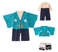 KRUIHAN Pagliaccetto Kimono Bambino,Tutine e Body Anime per Bambini,Kimono in Cotone per Bambini,Tuta Cosplay per Bambino, con 2 Paia di Calzini,Turchese,95(24-36 mesi)
