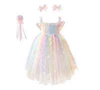 KRUIHAN Vestito Elegante Bambina con Ali di Farfalla,Vestito Cerimonia Bambina per Damigelle e Feste di Compleanno,Abito a Spalline Ragazze con Pinze per Capelli,Bacchetta Magica e Scatola Regalo,130
