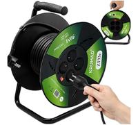 KRUMAD Avvolgicavo 50 m con 4 prese con messa a terra, cavo 3 x 1 mm², 2000 W max, 220 V, per officina e uso domestico, tamburo avvolgicavo con manovella, protezione sovraccarico