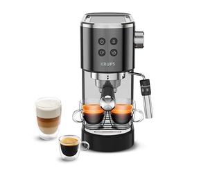 Krups Virtuoso Essential, macchina da caffè espresso pompa, 15 bar a pressione, ugello a doppio vapore, Thermoblock, cucchiaio dosatore e compattatore, nero, XP444G