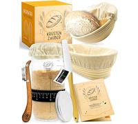 KRUSTENZAUBER Set di 2 cestini per lievitazione e 600 ml, set di base per lievitazione in rattan con panno per fermentazione e vetro da fermentazione con spatola e coltello da panetteria, accessori