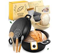 KRUSTENZAUBER Set XXL per pane in ghisa - Stampo per pane con coperchio con cestino per lievitazione, frusta, coltello da forno, raschietto per pasta, ciotola per pane e molto altro ancora - Set