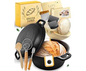 KRUSTENZAUBER Set XXL per pane in ghisa - Stampo per pane con coperchio con cestino per lievitazione, frusta, coltello da forno, raschietto per pasta, ciotola per pane e molto altro ancora - Set