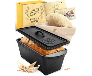 KRUSTENZAUBER Stampo per pane con coperchio incluso cestello per lievitazione - Robusto stampo da 28 cm in ghisa - ideale come stampo per scatola, pane tostato, stampo per pane, pentola in ghisa