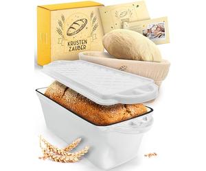 KRUSTENZAUBER Stampo per pane smaltato con coperchio incluso cestino per la lievitazione, robusto stampo da 28 cm, ideale come stampo per scatola, pane tostato, stampo per pane, pentola in ghisa