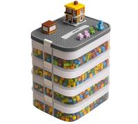 KRUZZEL Contenitore per mattoncini da costruzione, 29 l, con manico e divisori, scatola impilabile a 4 ripiani, trasparente, per giocattoli e forniture scolastiche per bambini