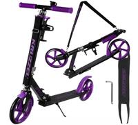 KRUZZEL Monopattino pieghevole per bambini da 8 anni fino a 100 kg, ruote da 200 mm, altezza regolabile 87 - 92 - 98 cm, colore viola con freno a pedale e portabottiglie, telaio in alluminio 25630